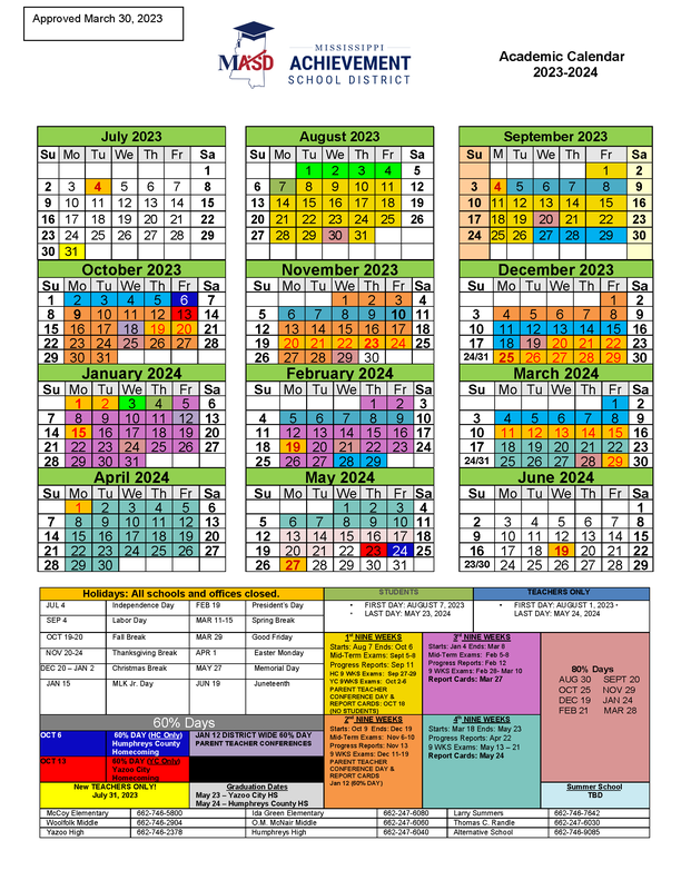 20232024 MASD Academic Calendar Yazoo City Alternative Center